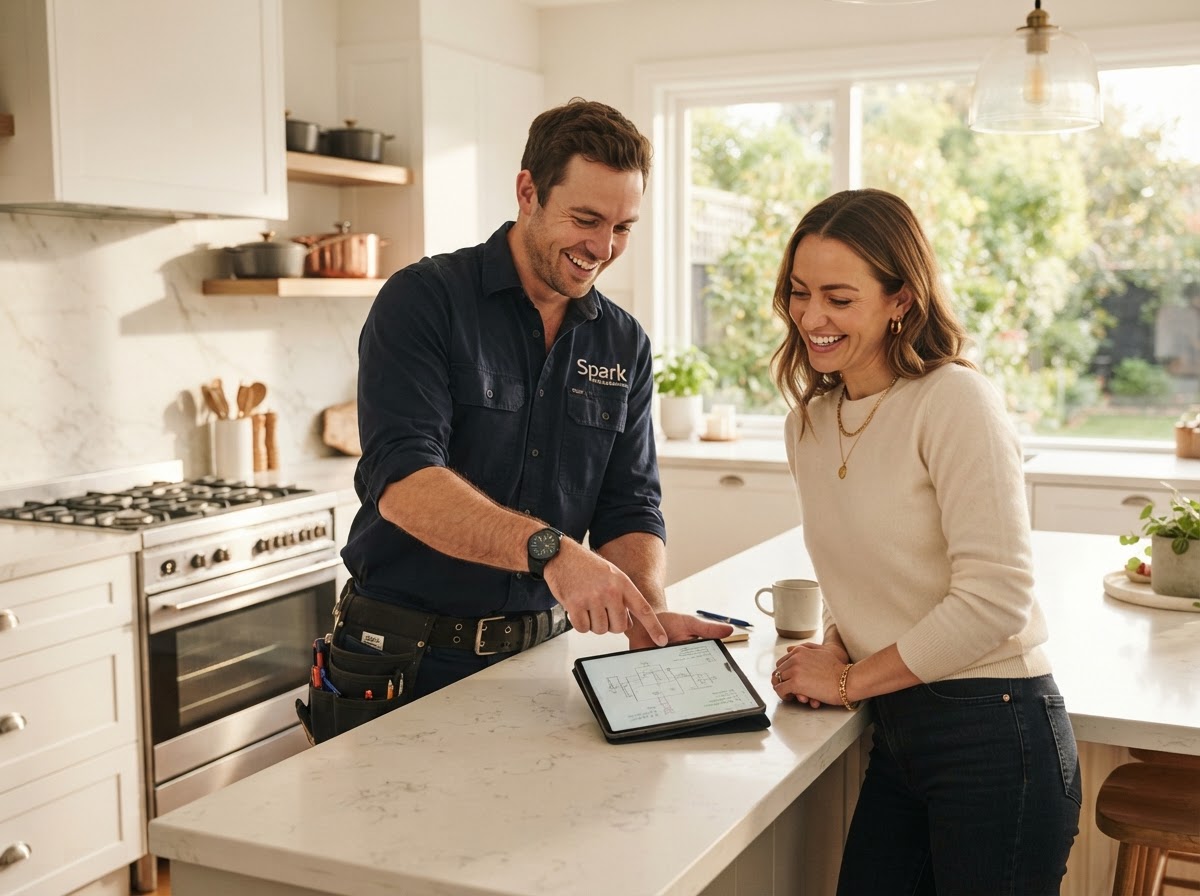 Electrician explaining a project to a homeowner