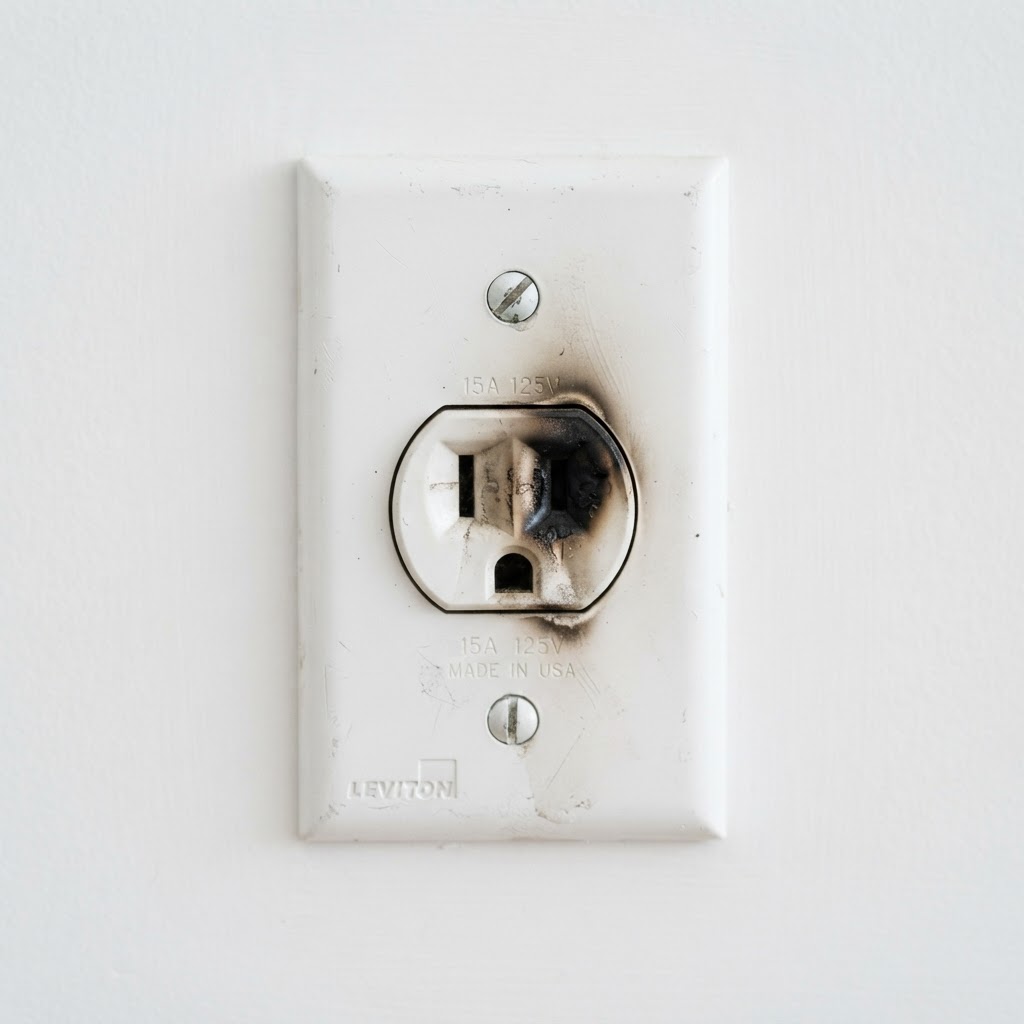 Scorched and discolored electrical outlet