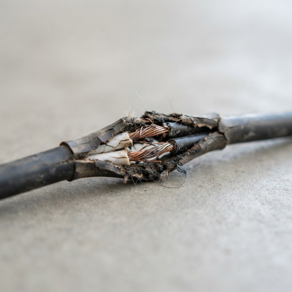 Frayed electrical wiring with cracked insulation