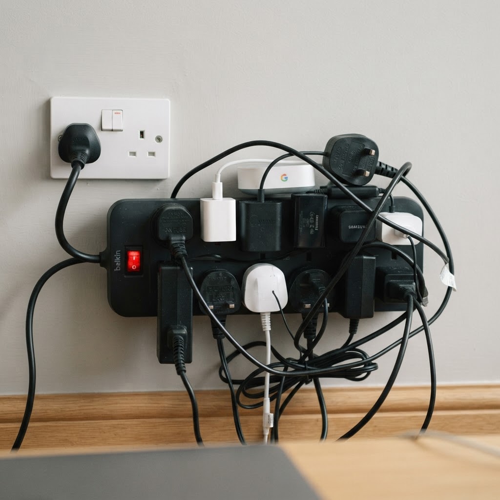 Power strip overloaded with too many plugs